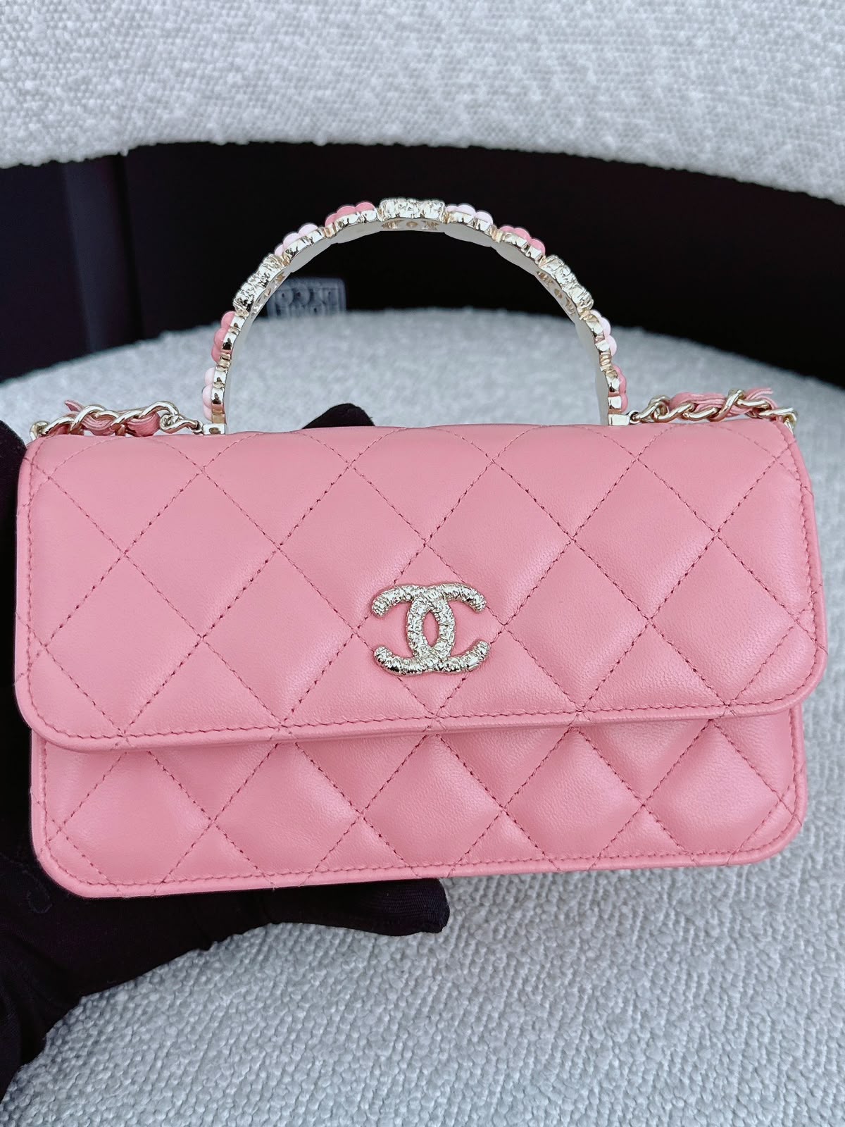 LIGHT PINK CC FLOWER WALLET ON CHAIN TOP HANDLE BAG