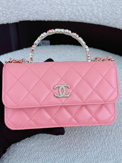 LIGHT PINK CC FLOWER WALLET ON CHAIN TOP HANDLE BAG