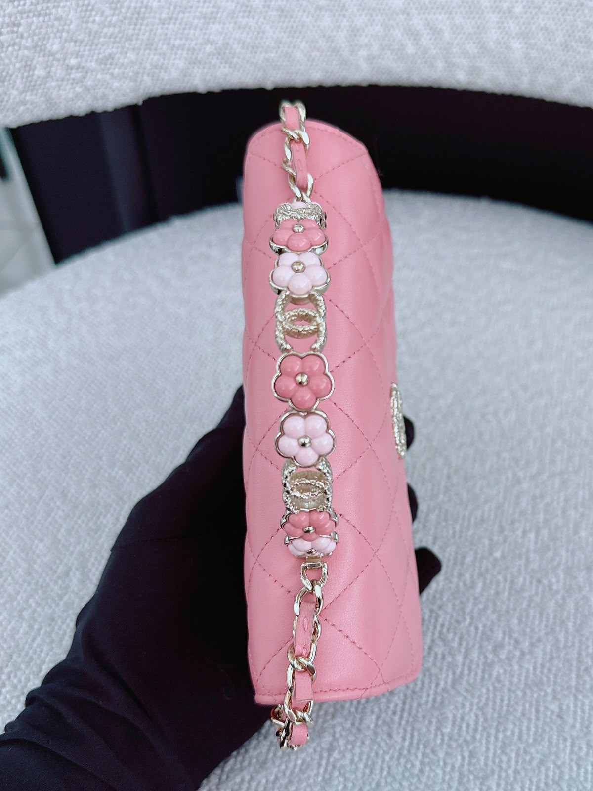 LIGHT PINK CC FLOWER WALLET ON CHAIN TOP HANDLE BAG