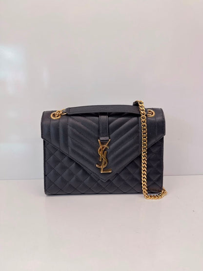 BLACK MATELASSE LEATHER MEDIUM ENVELOPE CHAIN BAG