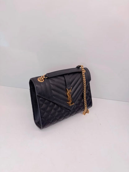 BLACK MATELASSE LEATHER MEDIUM ENVELOPE CHAIN BAG