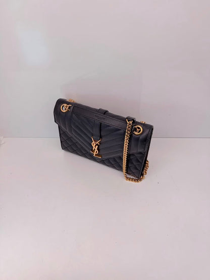 BLACK MATELASSE LEATHER MEDIUM ENVELOPE CHAIN BAG