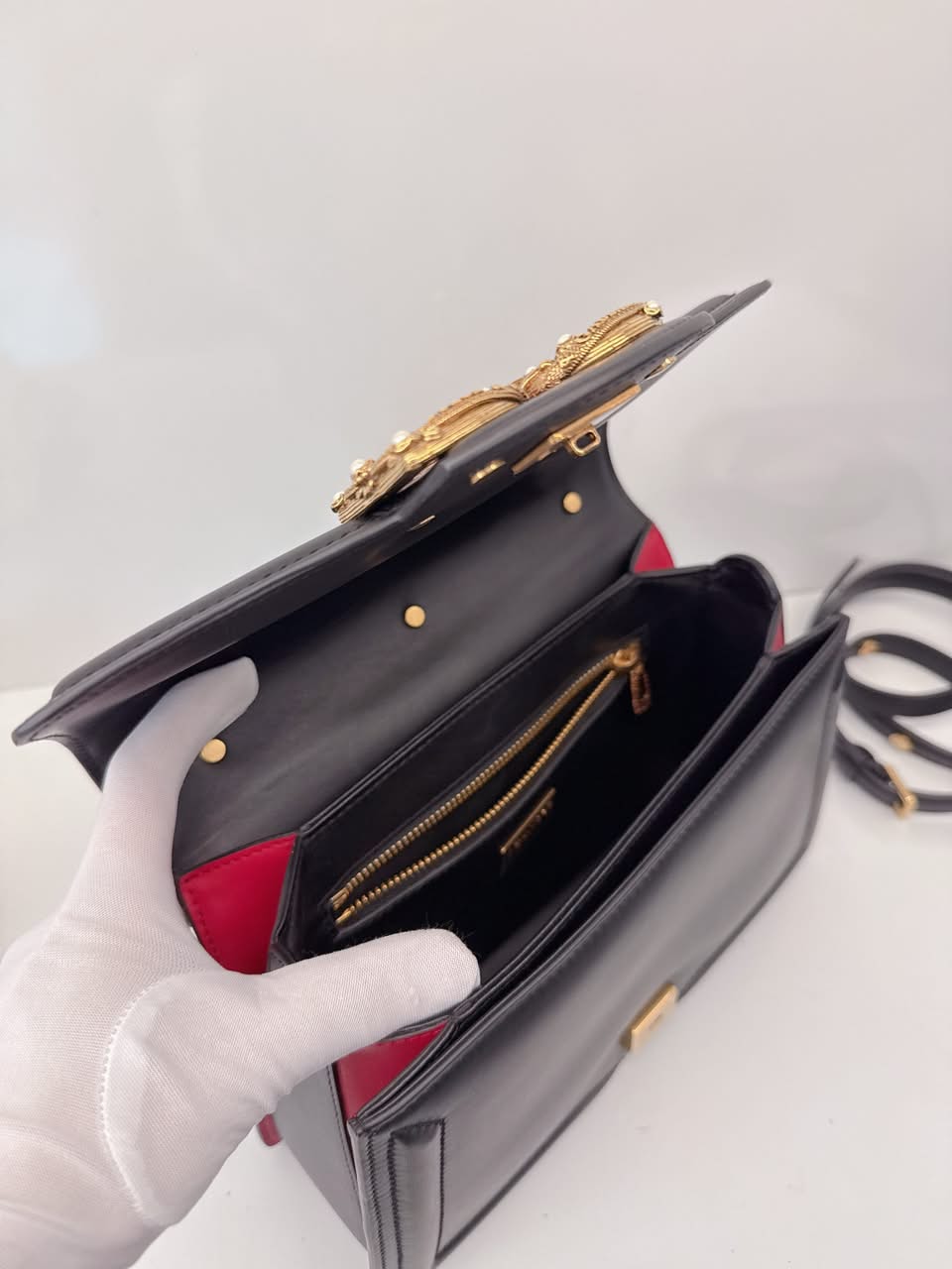 BLACK LEATHER DG AMORE TOP HANDLE BAG