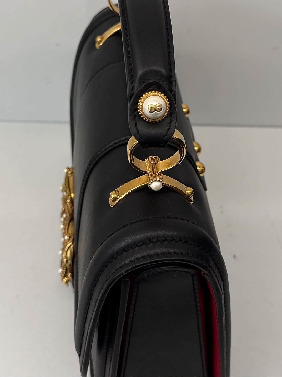BLACK LEATHER DG AMORE TOP HANDLE BAG