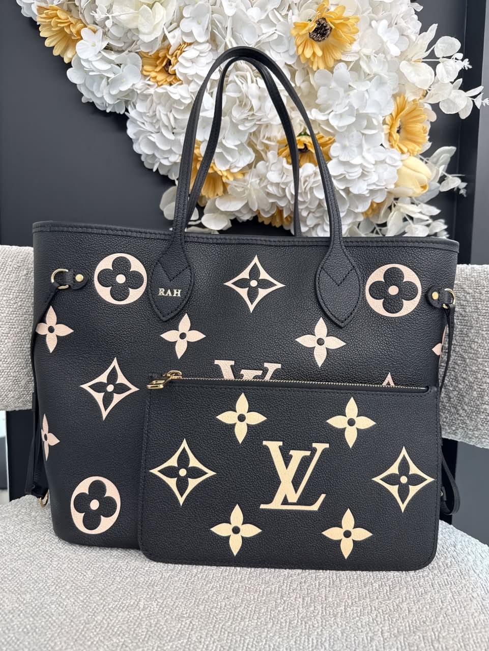 BLACK BEIGE MONOGRAM EMPREINTE LEATHER NEVERFULL MM TOTE BAG