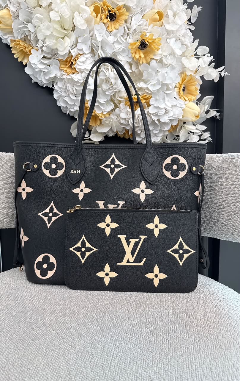 BLACK BEIGE MONOGRAM EMPREINTE LEATHER NEVERFULL MM TOTE BAG