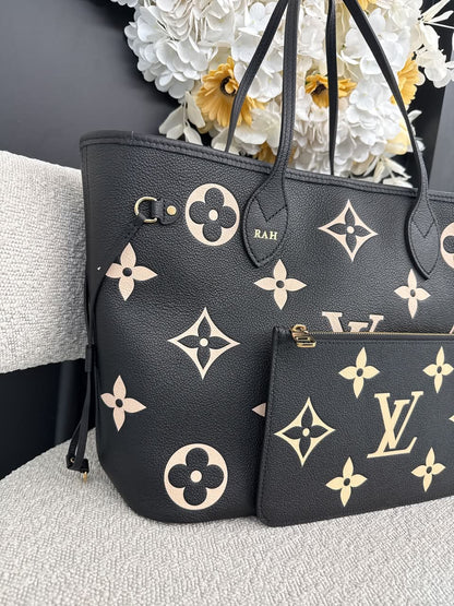 BLACK BEIGE MONOGRAM EMPREINTE LEATHER NEVERFULL MM TOTE BAG
