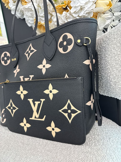 BLACK BEIGE MONOGRAM EMPREINTE LEATHER NEVERFULL MM TOTE BAG
