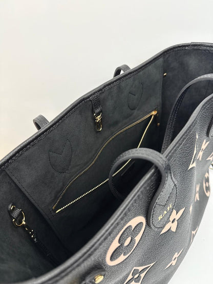 BLACK BEIGE MONOGRAM EMPREINTE LEATHER NEVERFULL MM TOTE BAG