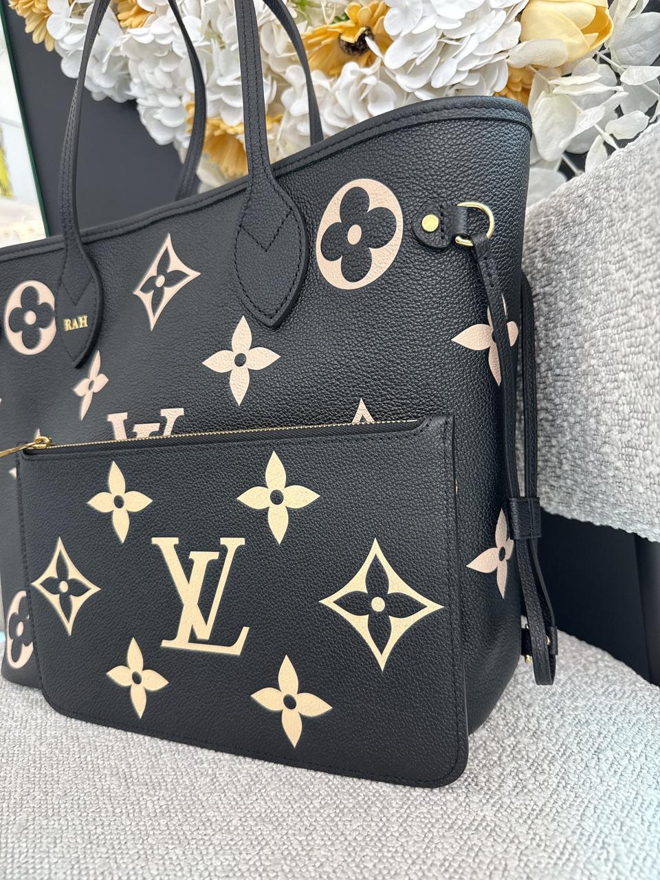 BLACK BEIGE MONOGRAM EMPREINTE LEATHER NEVERFULL MM TOTE BAG