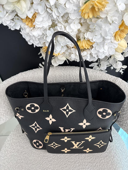BLACK BEIGE MONOGRAM EMPREINTE LEATHER NEVERFULL MM TOTE BAG