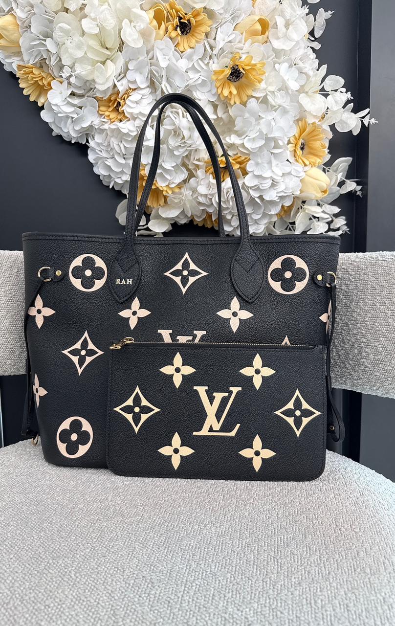 BLACK BEIGE MONOGRAM EMPREINTE LEATHER NEVERFULL MM TOTE BAG