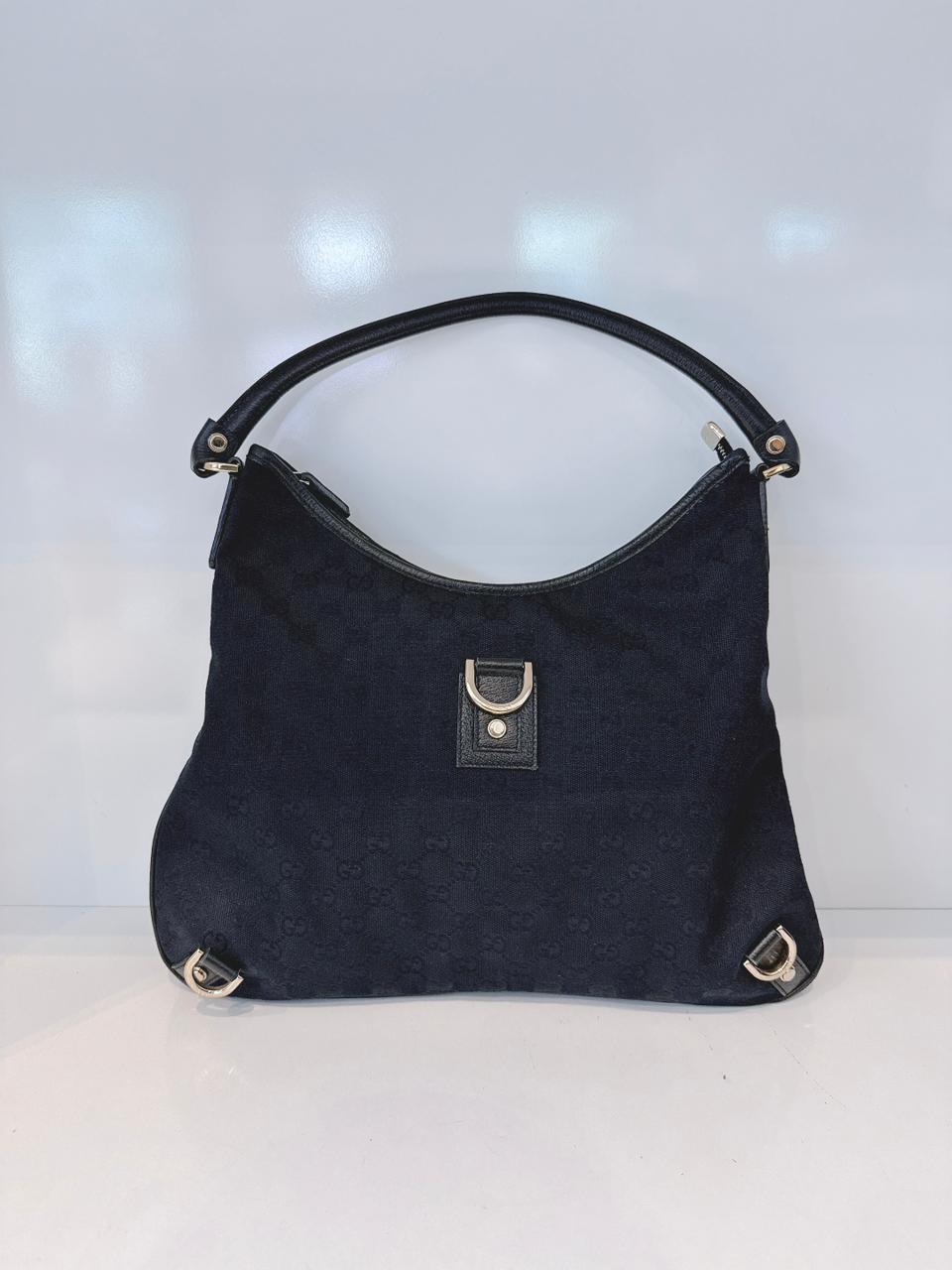 BLACK GG CANVAS AND LEATHER ABBEY D-RING HOBO BAG