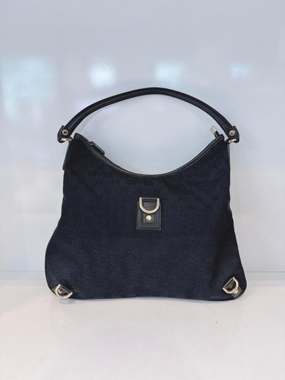 BLACK GG CANVAS AND LEATHER ABBEY D-RING HOBO BAG