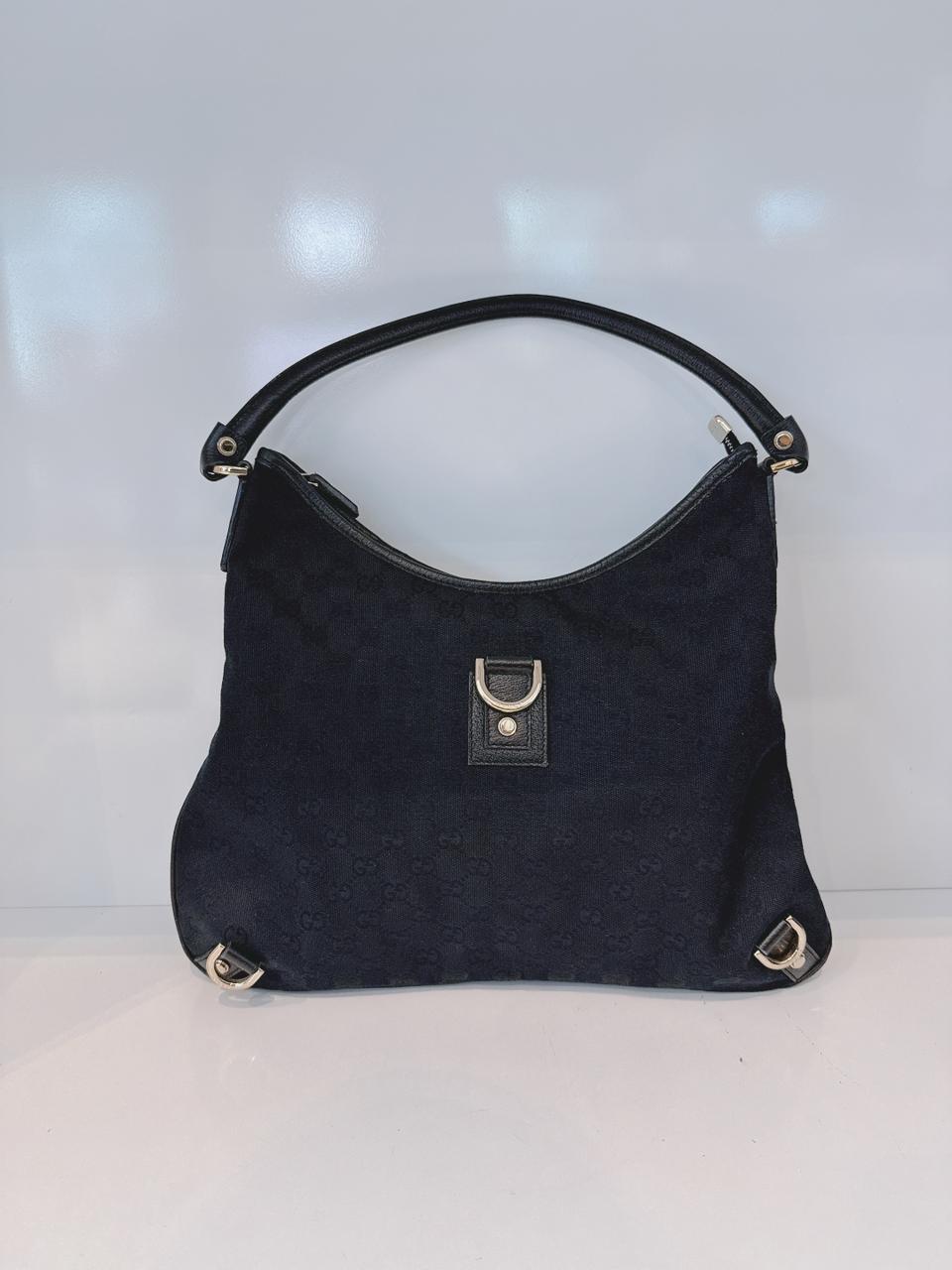 BLACK GG CANVAS AND LEATHER ABBEY D-RING HOBO BAG
