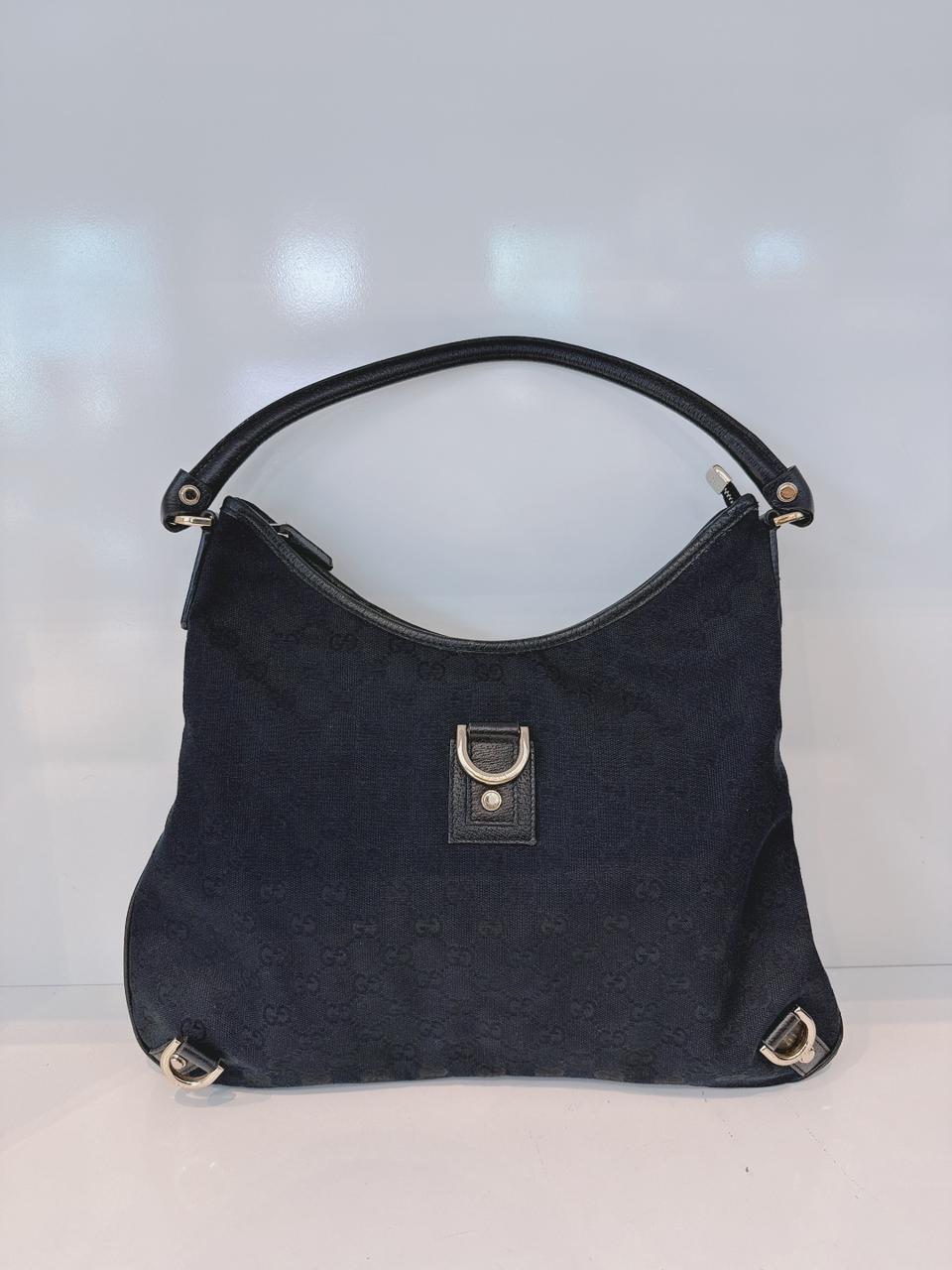 BLACK GG CANVAS AND LEATHER ABBEY D-RING HOBO BAG