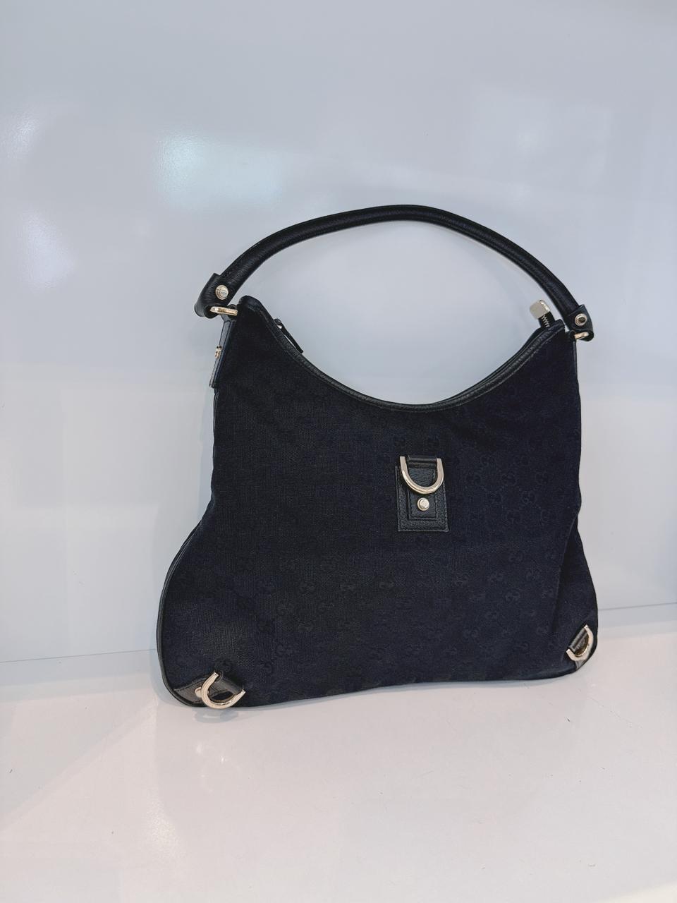 BLACK GG CANVAS AND LEATHER ABBEY D-RING HOBO BAG