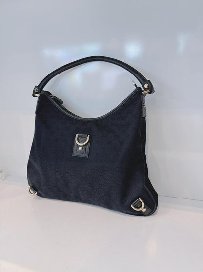 BLACK GG CANVAS AND LEATHER ABBEY D-RING HOBO BAG