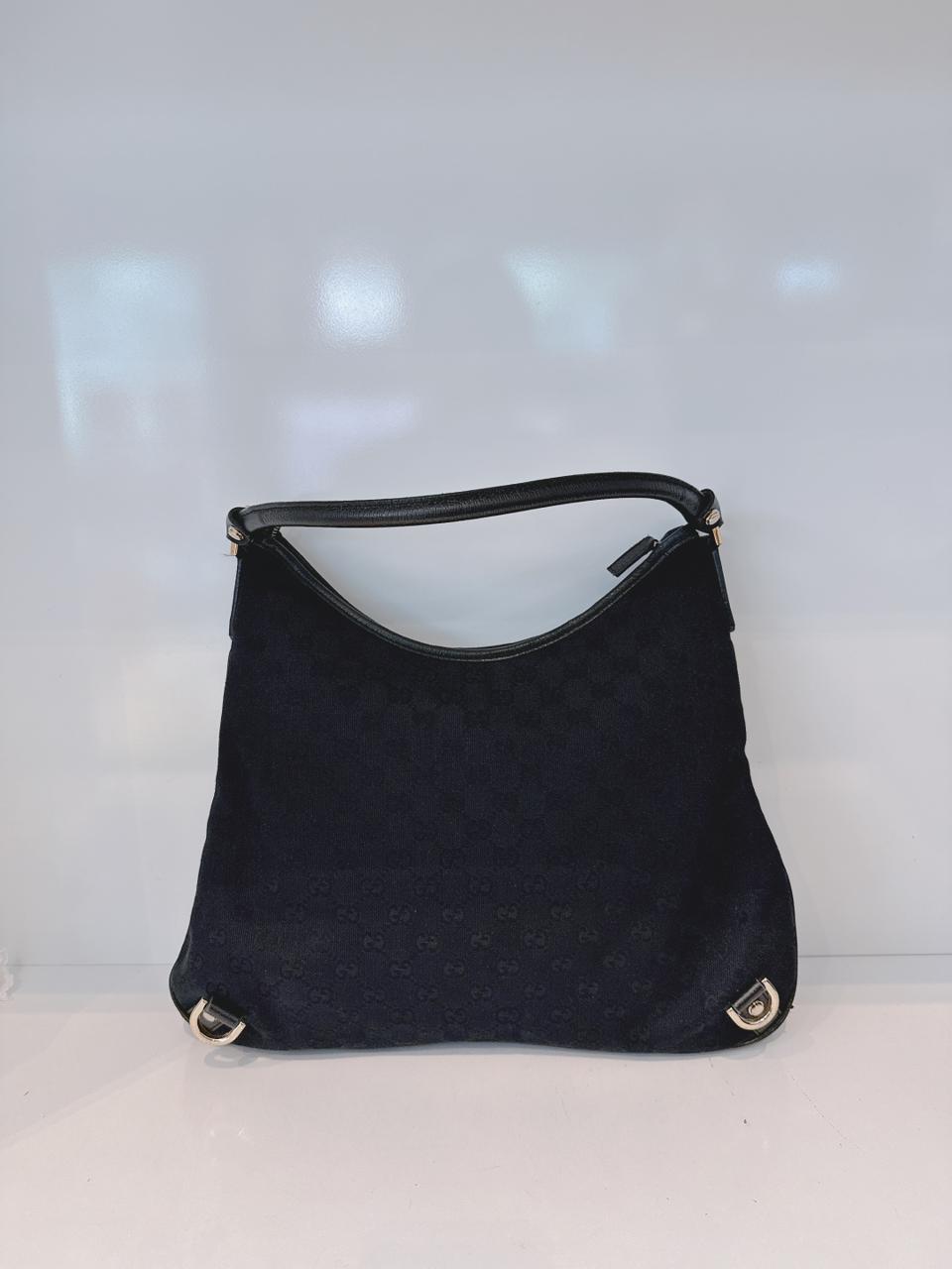 BLACK GG CANVAS AND LEATHER ABBEY D-RING HOBO BAG