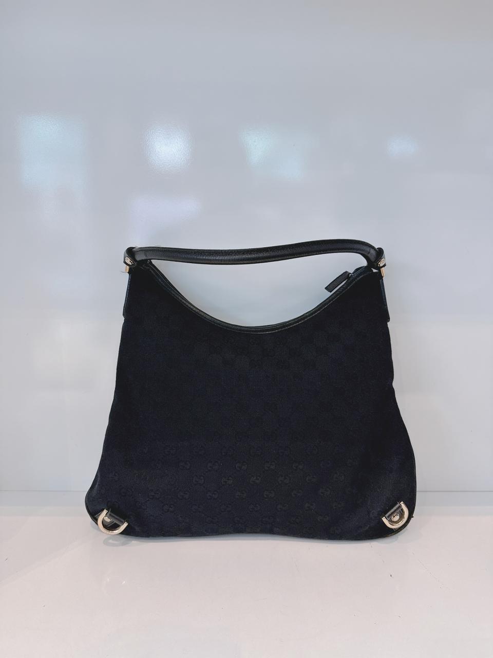 BLACK GG CANVAS AND LEATHER ABBEY D-RING HOBO BAG