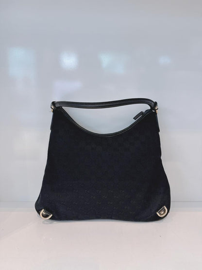 BLACK GG CANVAS AND LEATHER ABBEY D-RING HOBO BAG