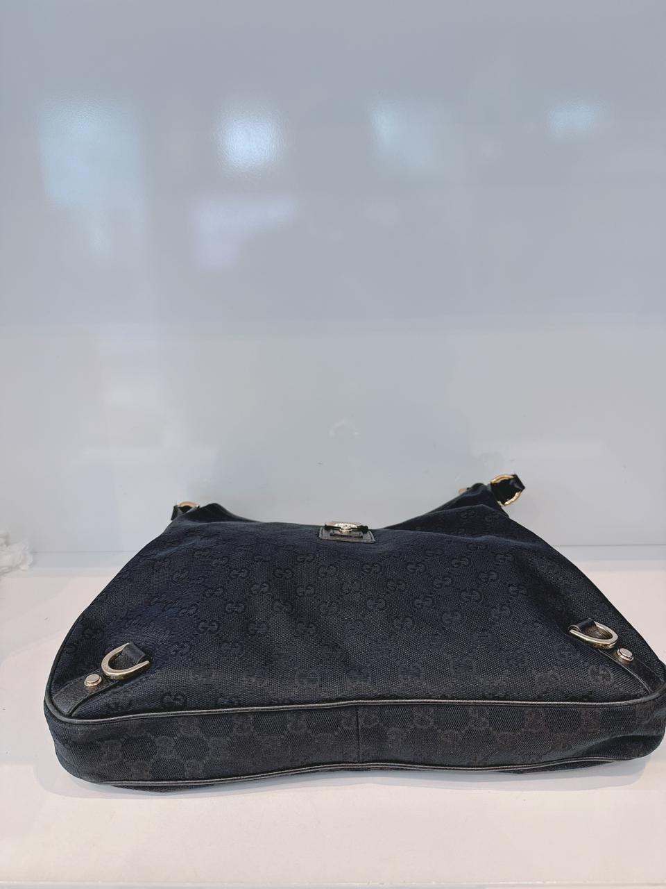 BLACK GG CANVAS AND LEATHER ABBEY D-RING HOBO BAG