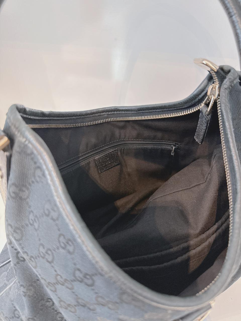 BLACK GG CANVAS AND LEATHER ABBEY D-RING HOBO BAG
