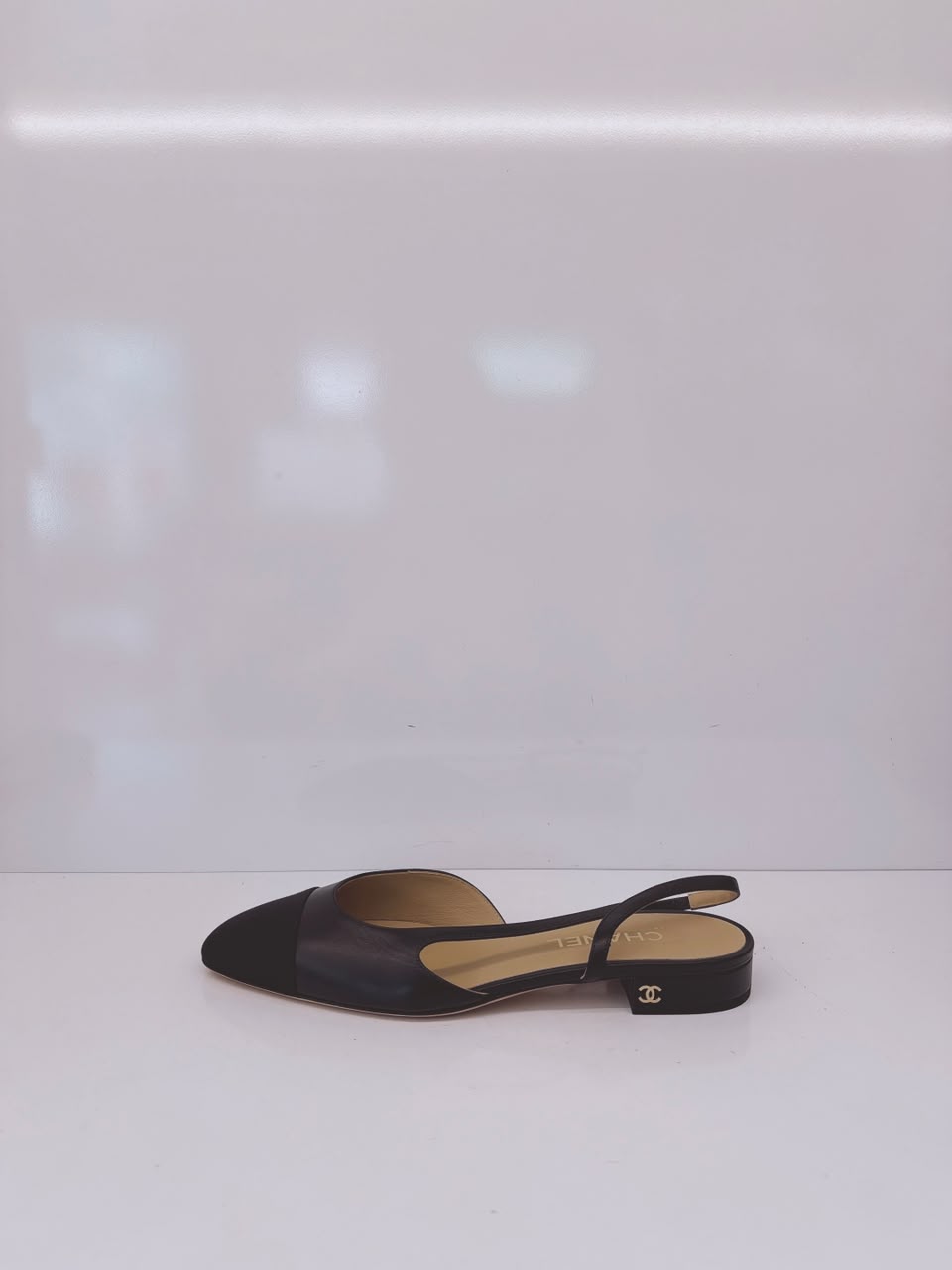 BLACK GOATSKIN AND GROSGRAIN SLINGBACKS 40C