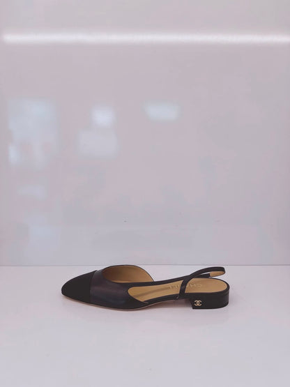 BLACK GOATSKIN AND GROSGRAIN SLINGBACKS 40C