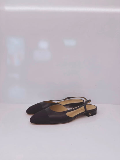 BLACK GOATSKIN AND GROSGRAIN SLINGBACKS 40C