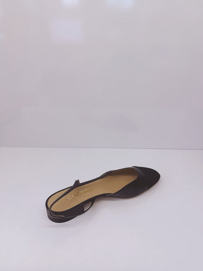 BLACK GOATSKIN AND GROSGRAIN SLINGBACKS 40C
