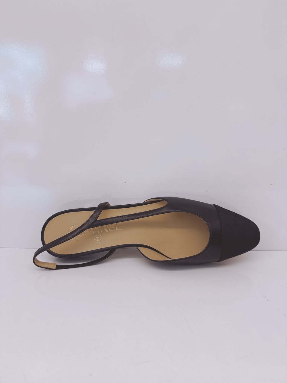 BLACK GOATSKIN AND GROSGRAIN SLINGBACKS 40C