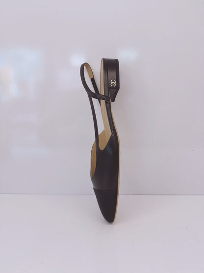 BLACK GOATSKIN AND GROSGRAIN SLINGBACKS 40C