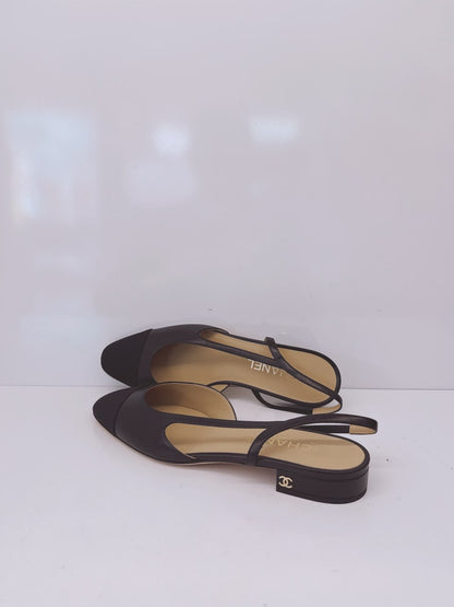 BLACK GOATSKIN AND GROSGRAIN SLINGBACKS 40C