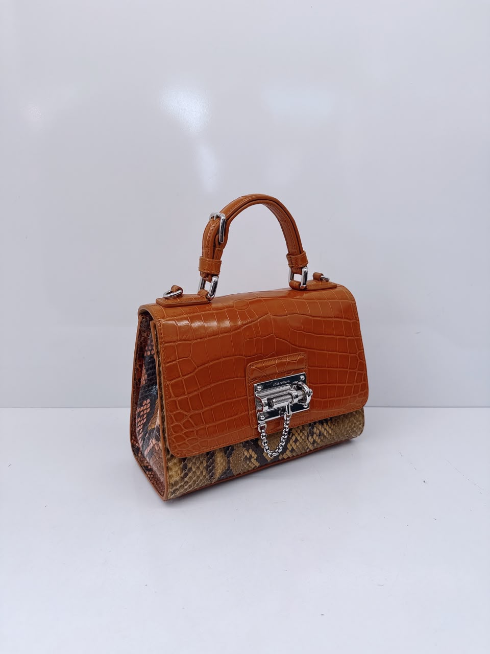 BICOLOR CROCODILE AND SNAKESKIN LEATHER MISS MONICA FLAP BAG
