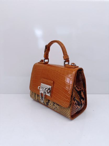 BICOLOR CROCODILE AND SNAKESKIN LEATHER MISS MONICA FLAP BAG