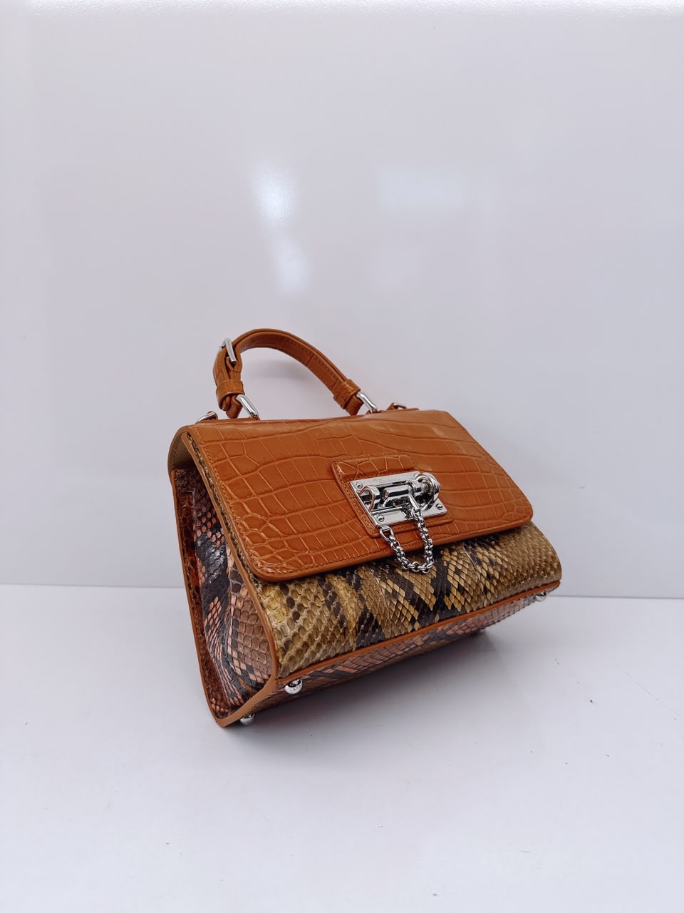 BICOLOR CROCODILE AND SNAKESKIN LEATHER MISS MONICA FLAP BAG