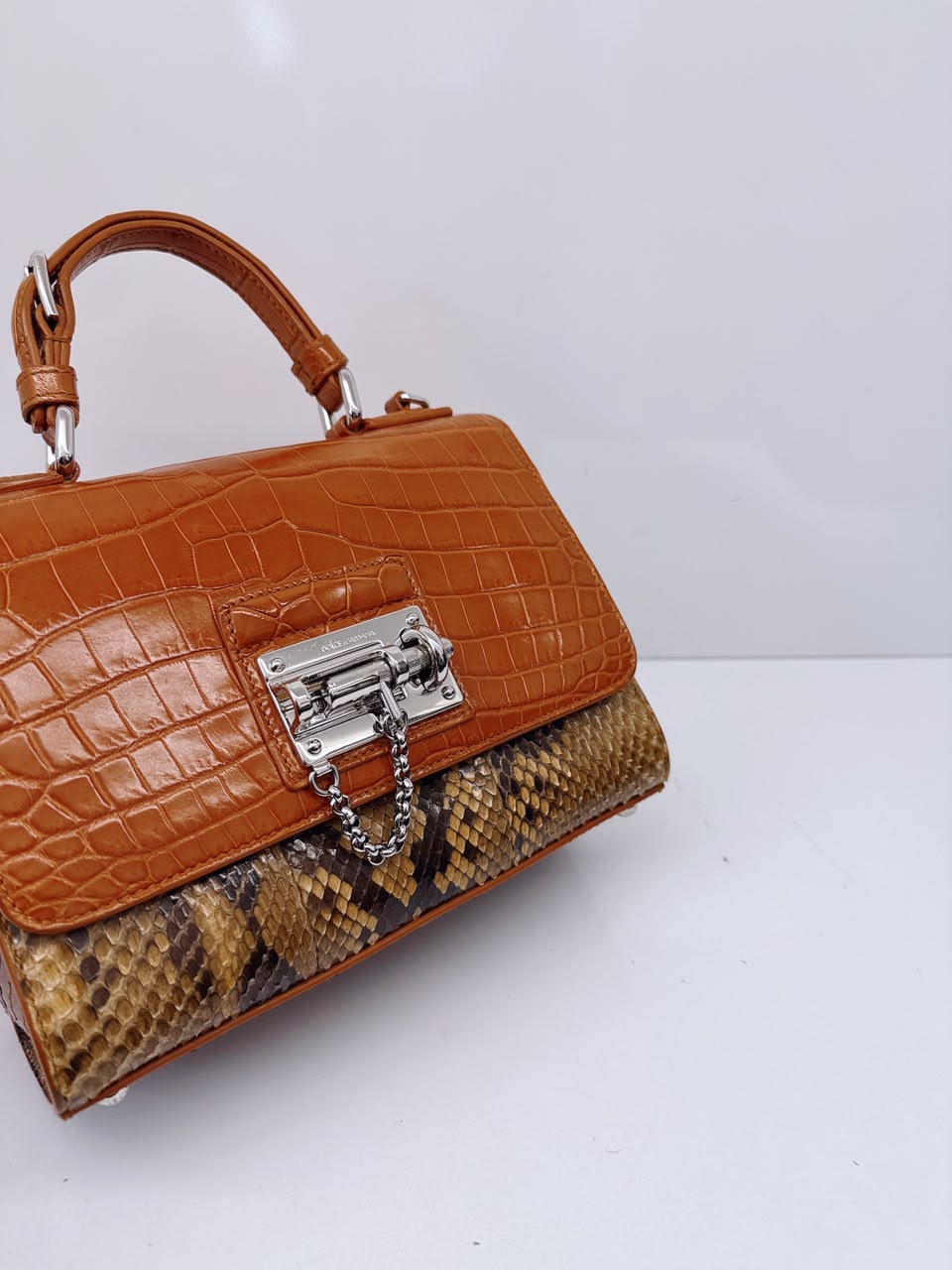 BICOLOR CROCODILE AND SNAKESKIN LEATHER MISS MONICA FLAP BAG