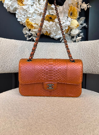 METALLIC ORANGE PYTHON LEATHER MEDIUM CLASSIC DOUBLE FLAP HANDBAG