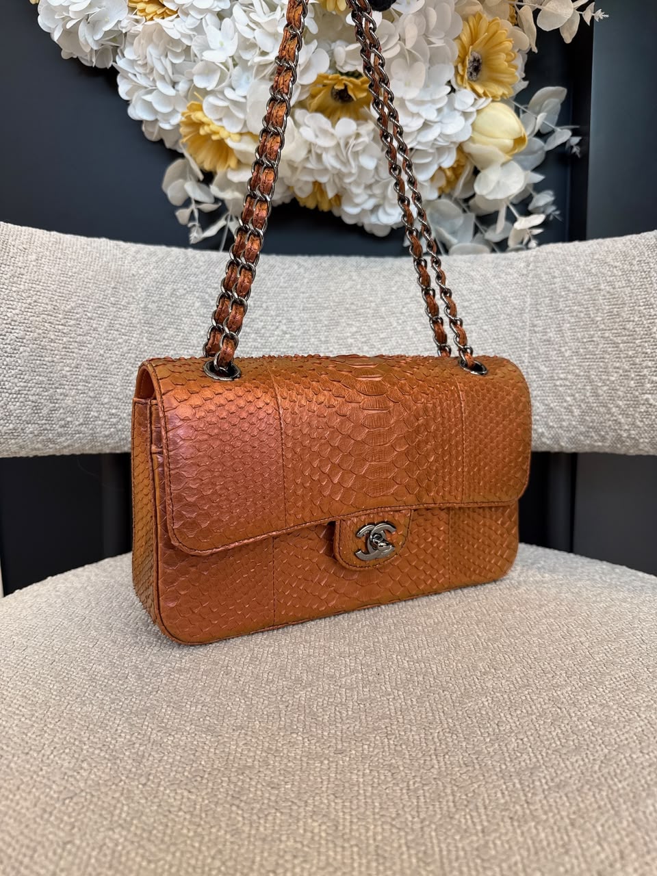 METALLIC ORANGE PYTHON LEATHER MEDIUM CLASSIC DOUBLE FLAP HANDBAG