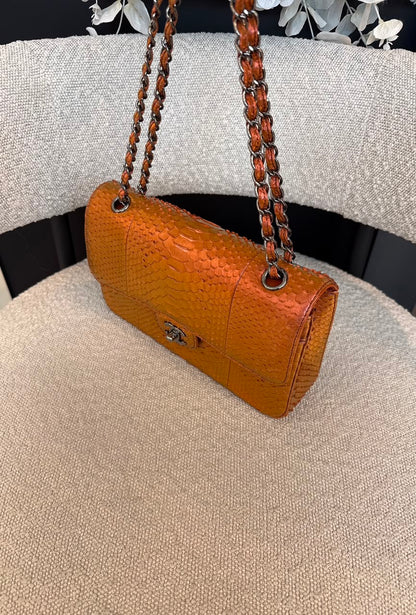METALLIC ORANGE PYTHON LEATHER MEDIUM CLASSIC DOUBLE FLAP HANDBAG