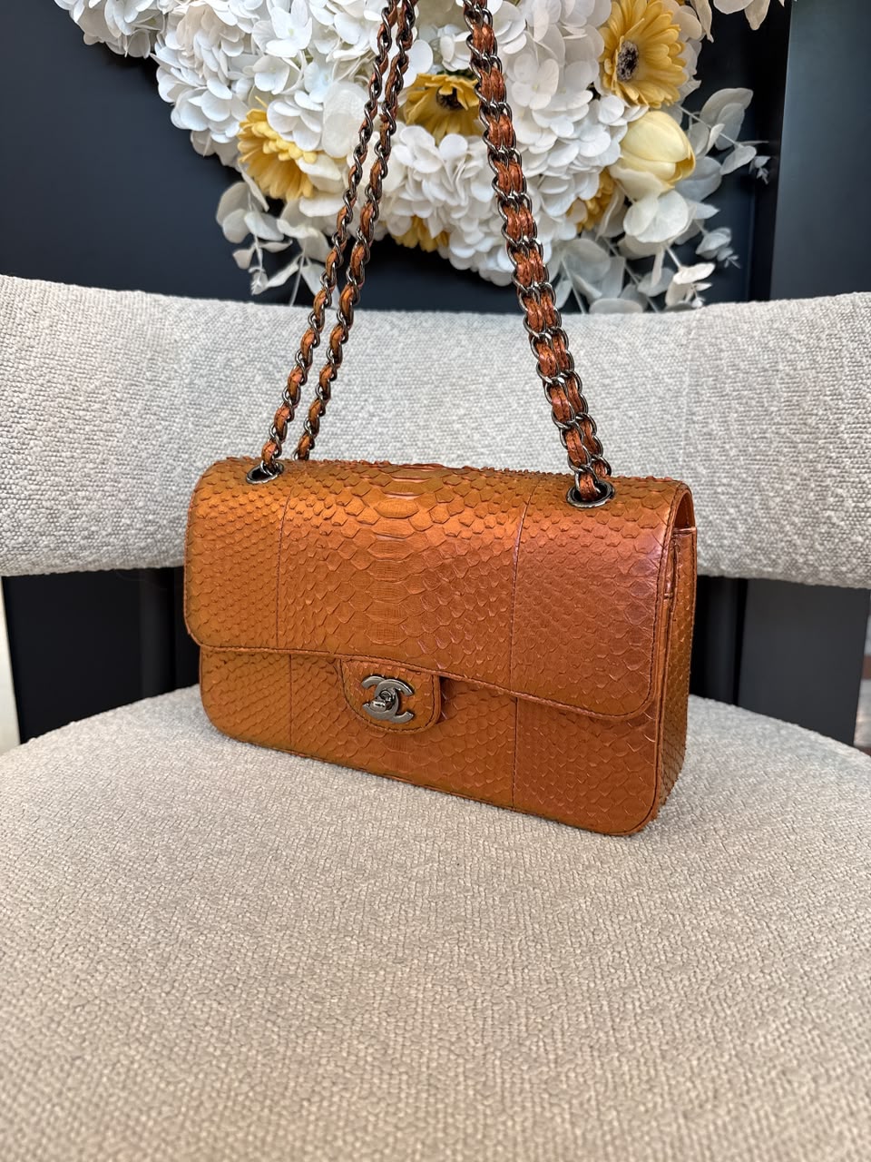 METALLIC ORANGE PYTHON LEATHER MEDIUM CLASSIC DOUBLE FLAP HANDBAG