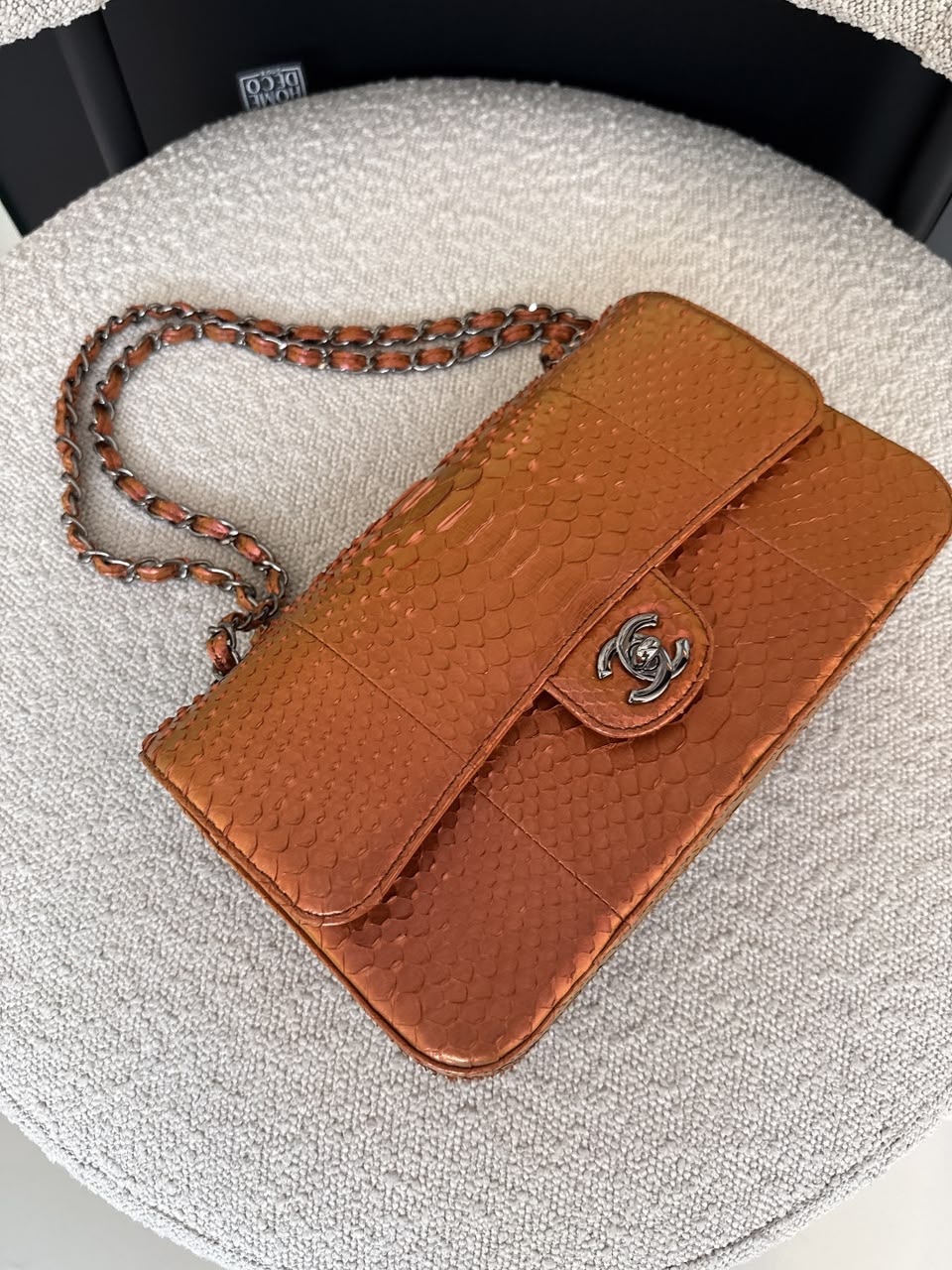 METALLIC ORANGE PYTHON LEATHER MEDIUM CLASSIC DOUBLE FLAP HANDBAG