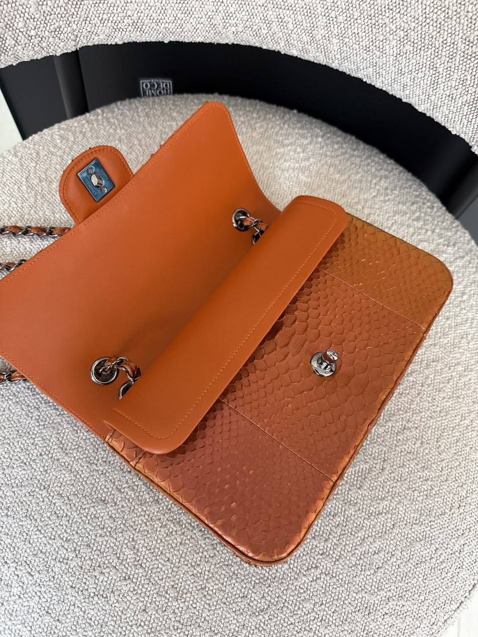 METALLIC ORANGE PYTHON LEATHER MEDIUM CLASSIC DOUBLE FLAP HANDBAG