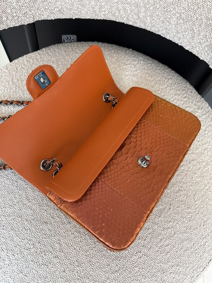 METALLIC ORANGE PYTHON LEATHER MEDIUM CLASSIC DOUBLE FLAP HANDBAG
