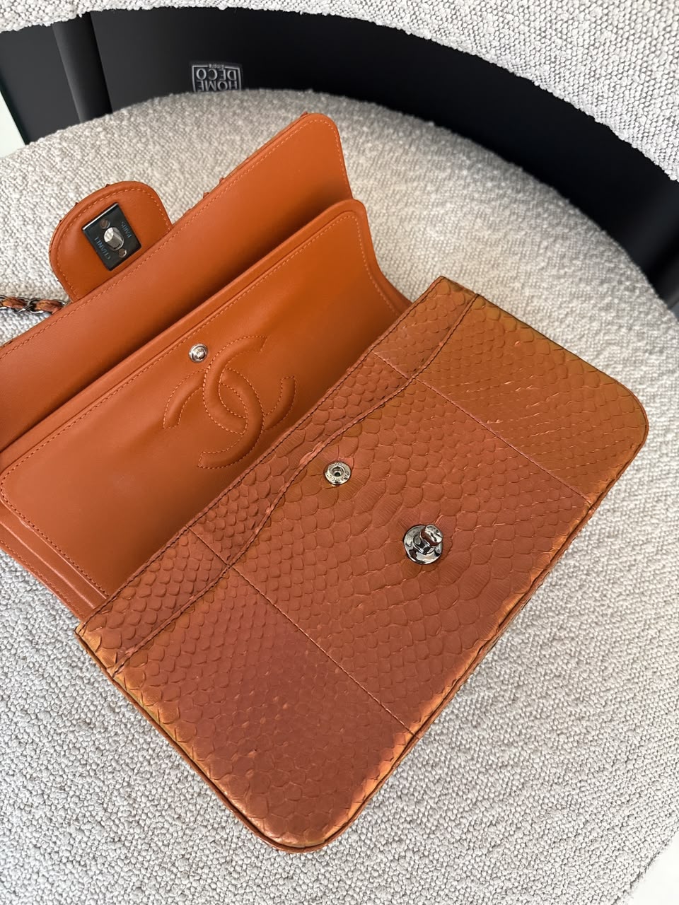 METALLIC ORANGE PYTHON LEATHER MEDIUM CLASSIC DOUBLE FLAP HANDBAG