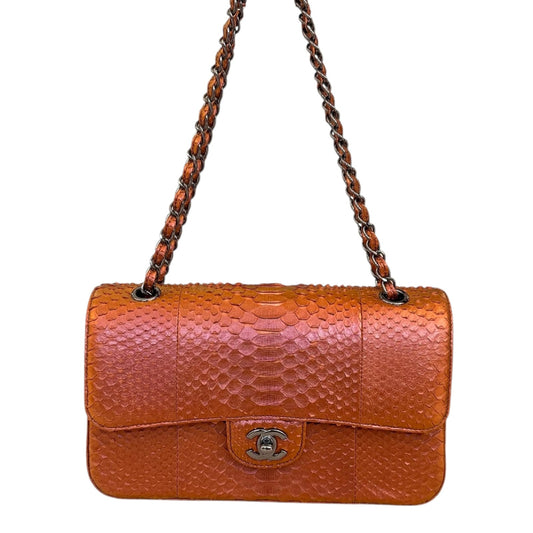 METALLIC ORANGE PYTHON LEATHER MEDIUM CLASSIC DOUBLE FLAP HANDBAG