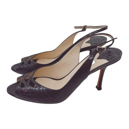 BLACK WATERSNAKE LEATHER SLINGBACK PUMPS 39.5
