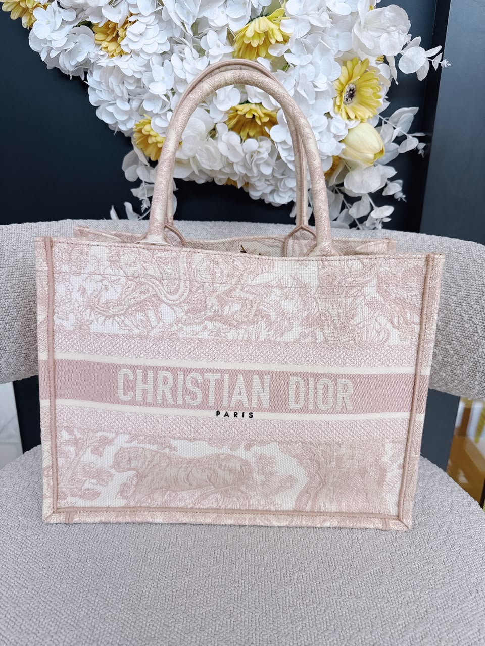 PINK/WHITE EMBROIDERED CANVAS TOILE DE JOUY MEDIUM BOOK TOTE
