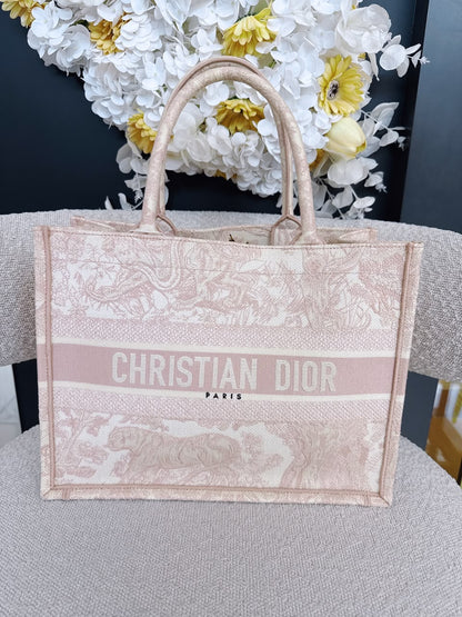 PINK/WHITE EMBROIDERED CANVAS TOILE DE JOUY MEDIUM BOOK TOTE
